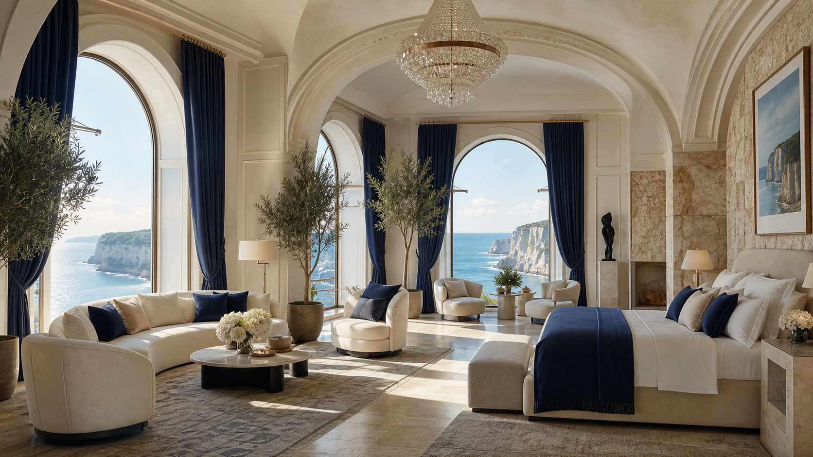 Salon élégant avec vue sur la mer et les falaises de la Côte d'Albâtre